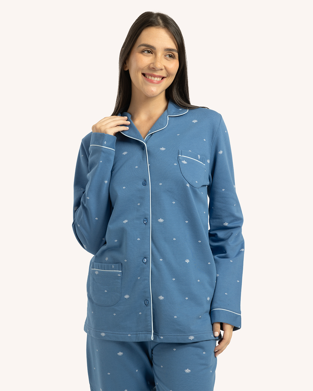 بيجاما حريمى مطبوعة بكم طويل جاكيت بزراير مع بنطلون