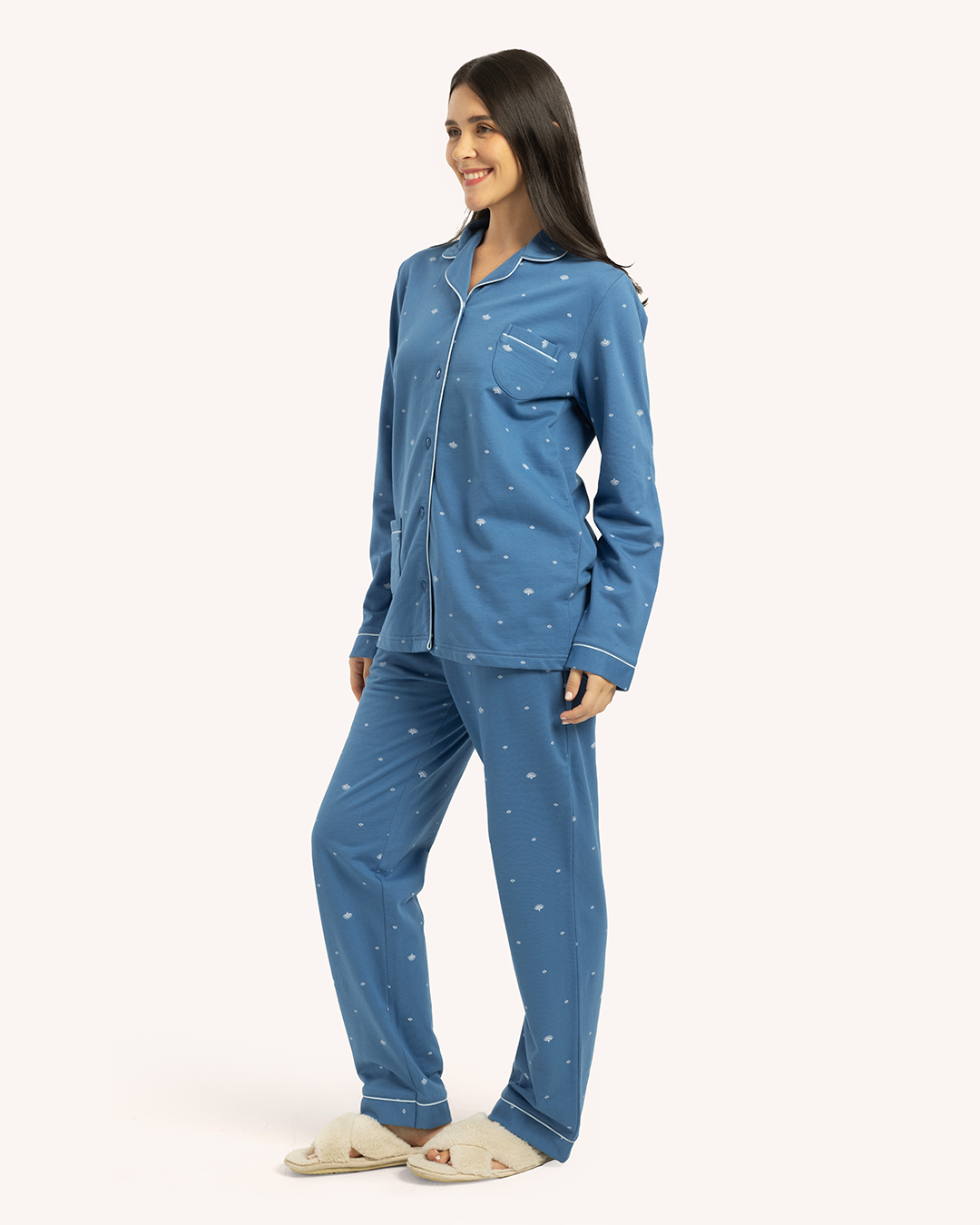 بيجاما حريمى مطبوعة بكم طويل جاكيت بزراير مع بنطلون