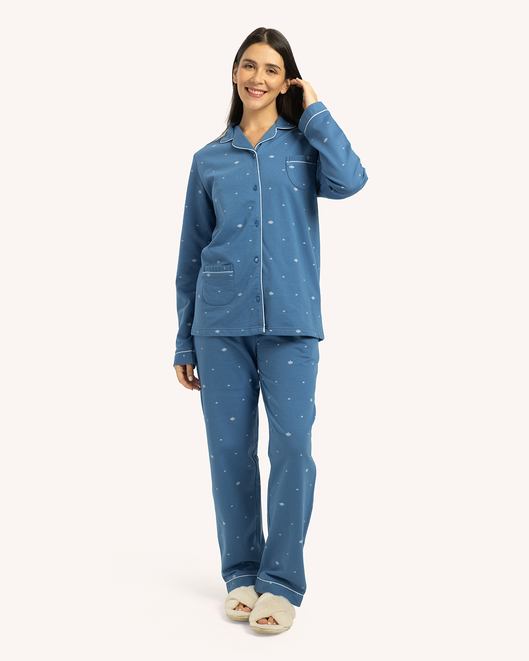 بيجاما حريمى مطبوعة بكم طويل جاكيت بزراير مع بنطلون