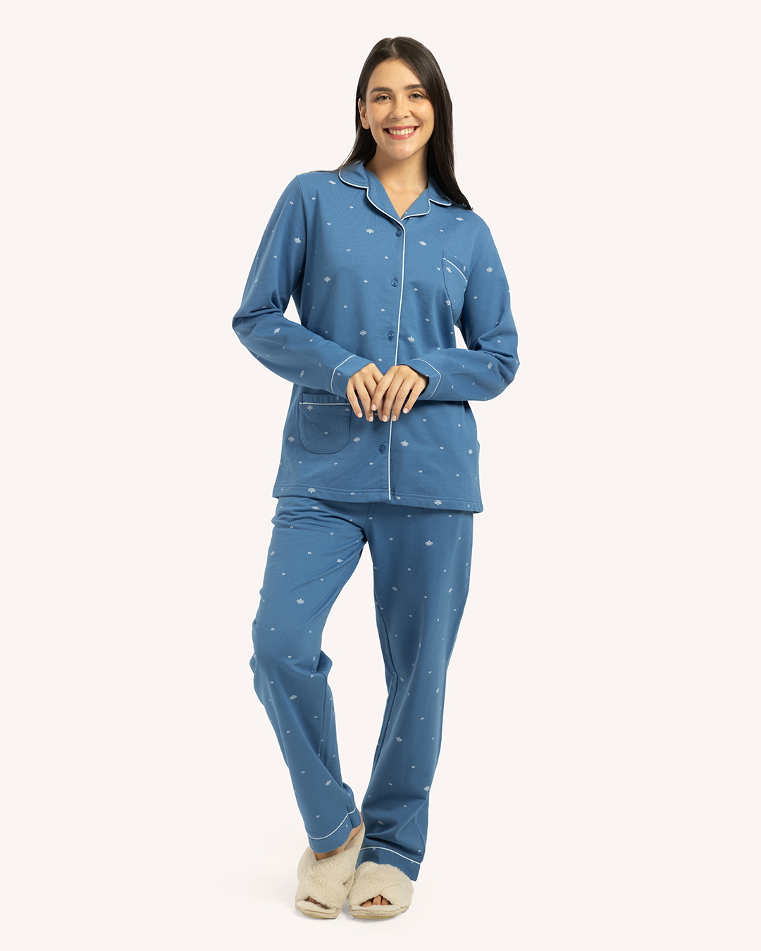 بيجاما حريمى مطبوعة بكم طويل جاكيت بزراير مع بنطلون