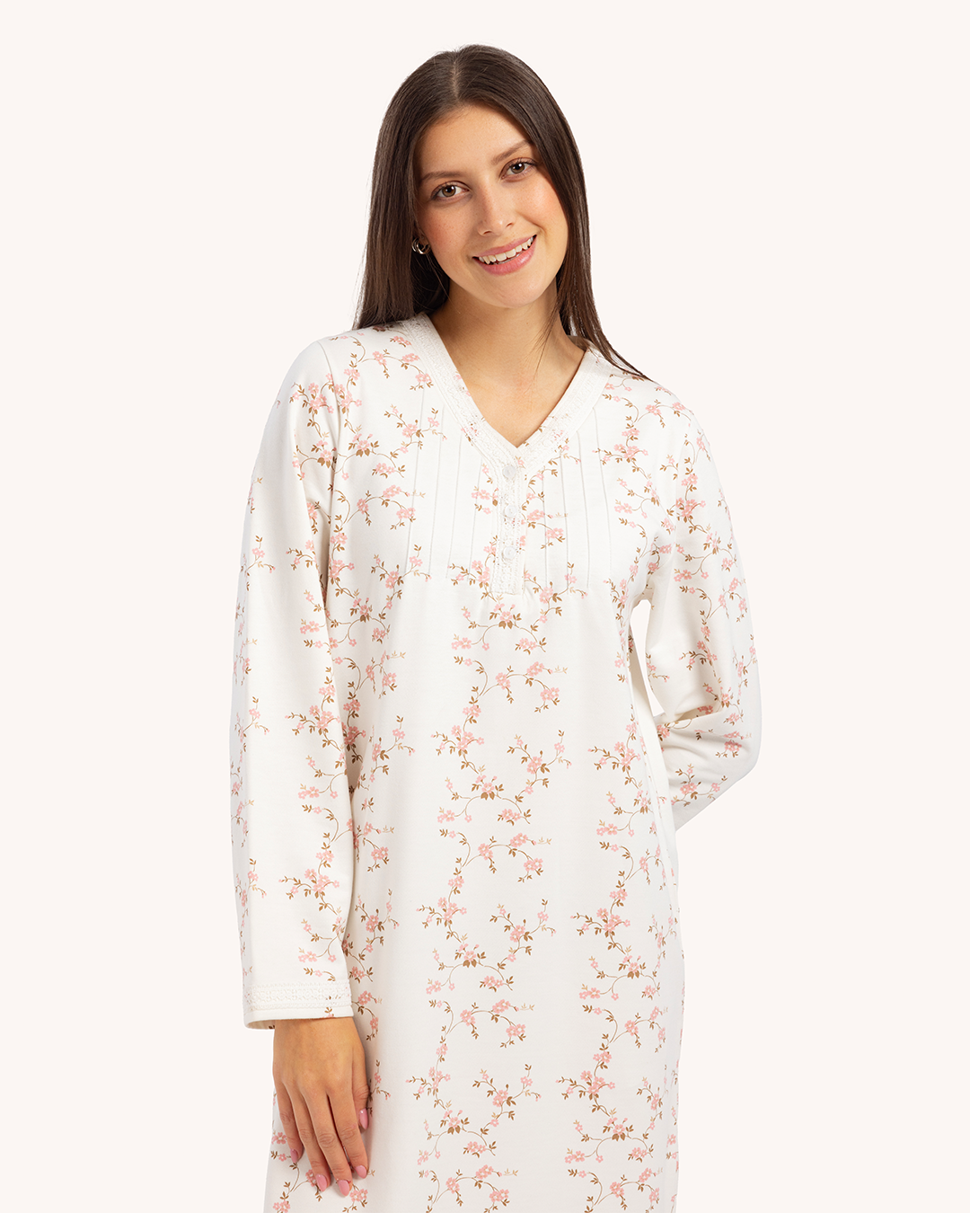 قميص نوم حريمي مطبوع بكم طويل برقبة V ومرد بزراير و دانتيل