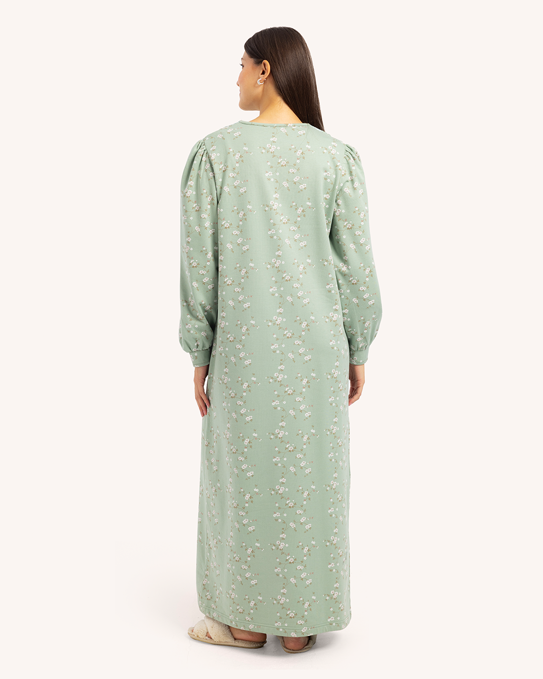 قميص نوم حريمى مطبوع بكم طويل راوند بدانتيل و مرد بزراير