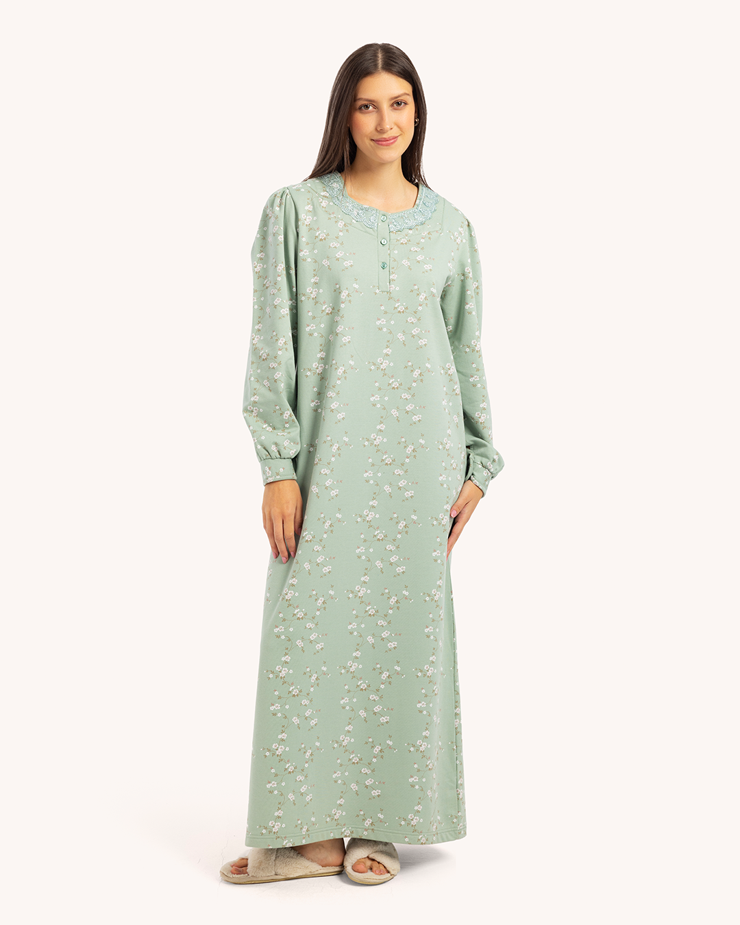 قميص نوم حريمى مطبوع بكم طويل راوند بدانتيل و مرد بزراير