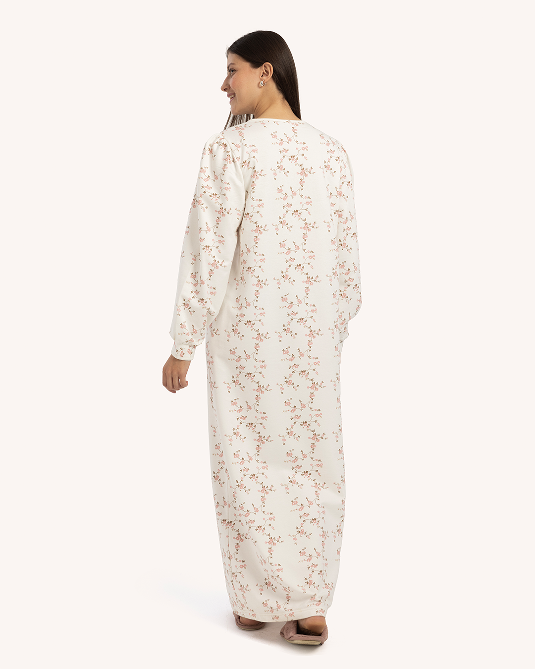 قميص نوم حريمى مطبوع بكم طويل راوند بدانتيل و مرد بزراير