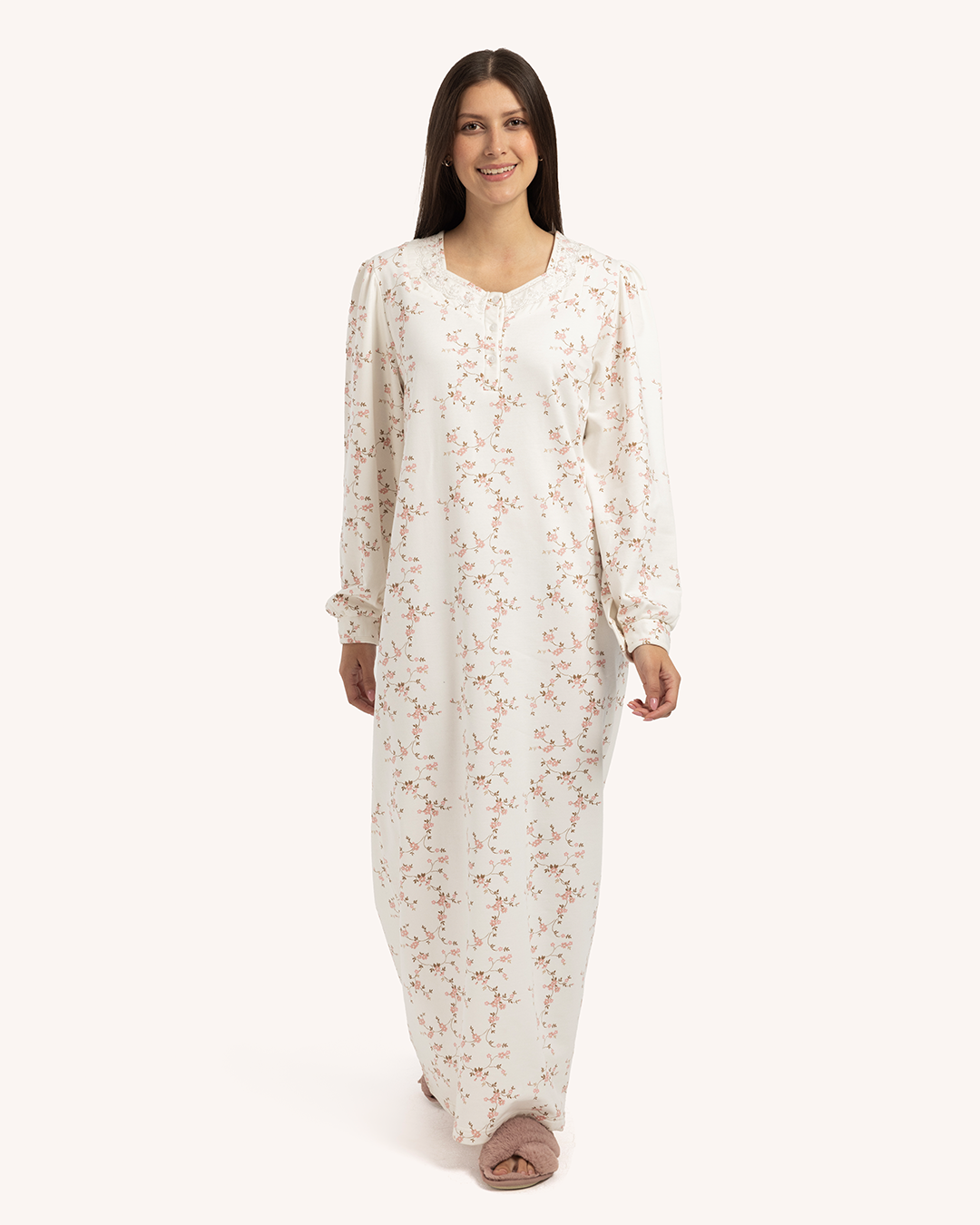 قميص نوم حريمى مطبوع بكم طويل راوند بدانتيل و مرد بزراير