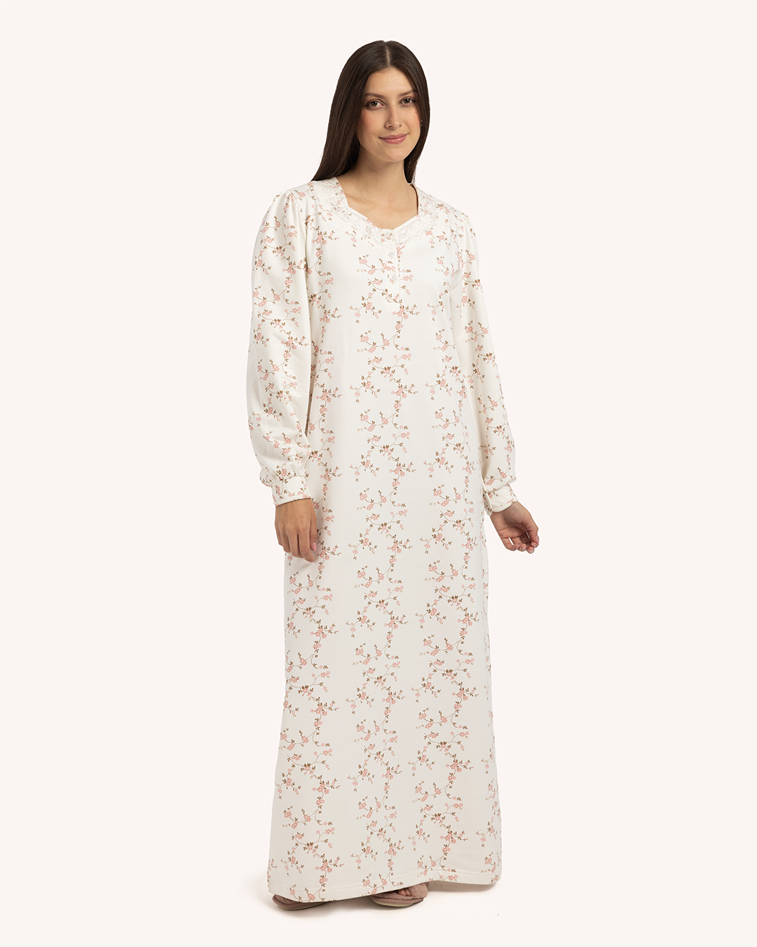 قميص نوم حريمى مطبوع بكم طويل راوند بدانتيل و مرد بزراير