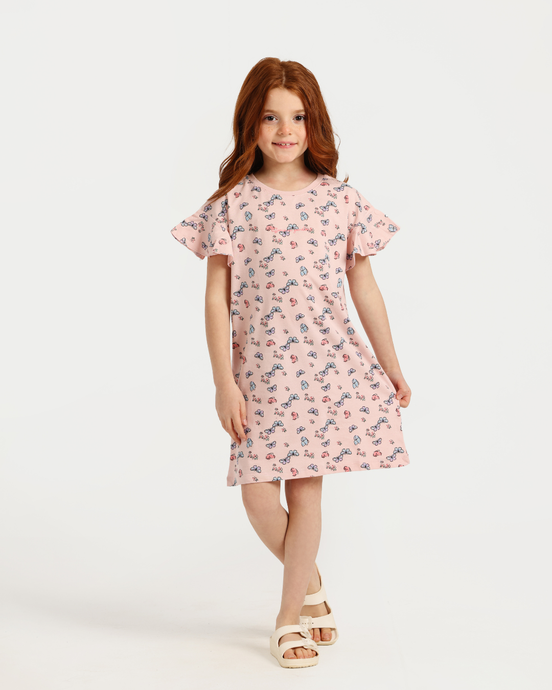 Girls' half-sleeved dress with butterfly ruffles