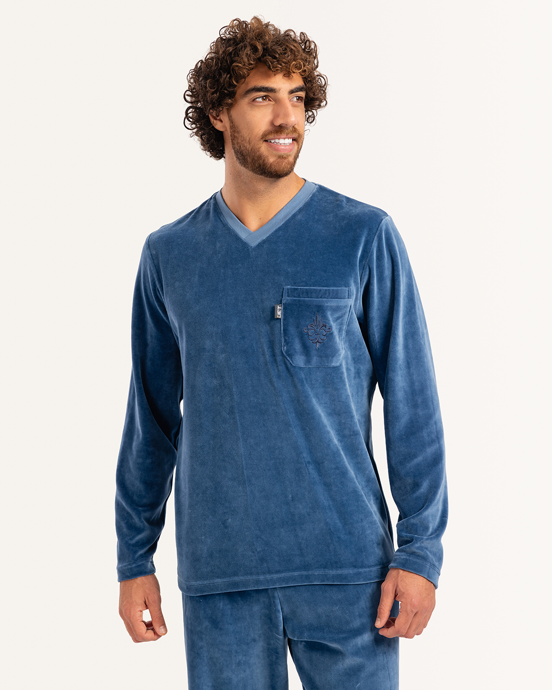 بيجاما رجالى قطيفة ساده رقبة V جيب على الصدر