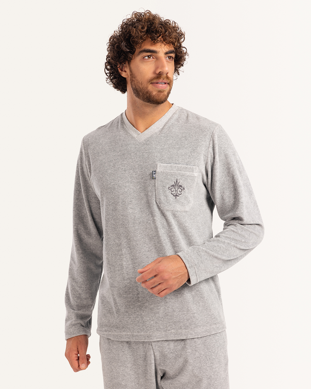 بيجاما رجالى قطيفة ساده رقبة V جيب على الصدر