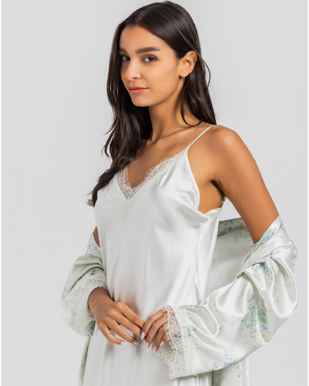 Long shirt with printed satin robe
