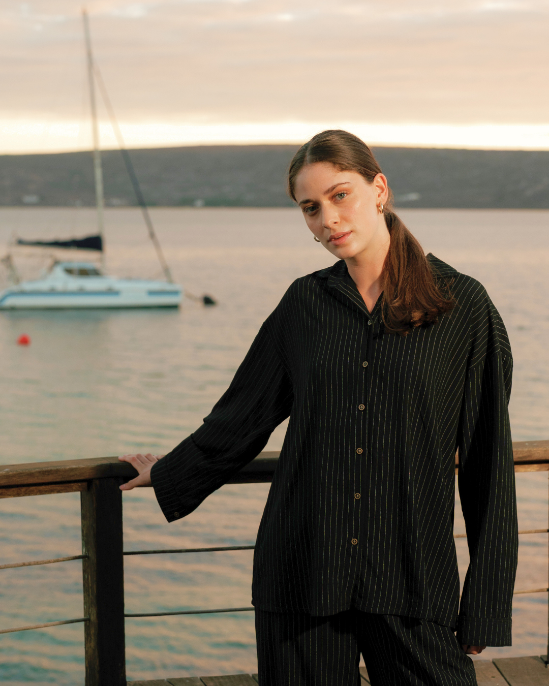 Soft striped set in black and olive