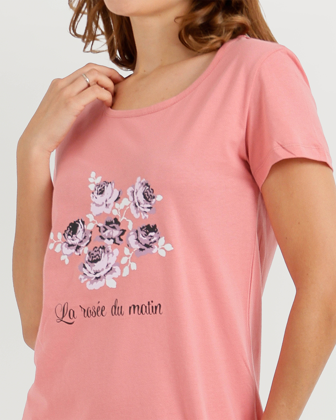 Women's Short Nightshirt with Flower Print on Chest