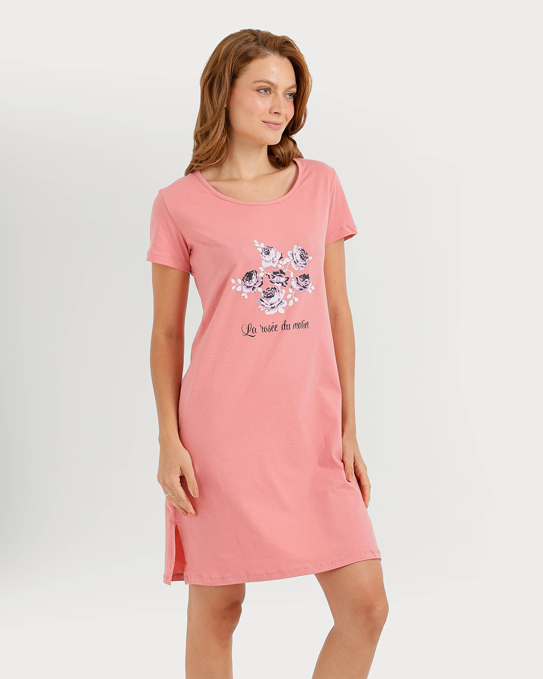 Women's Short Nightshirt with Flower Print on Chest