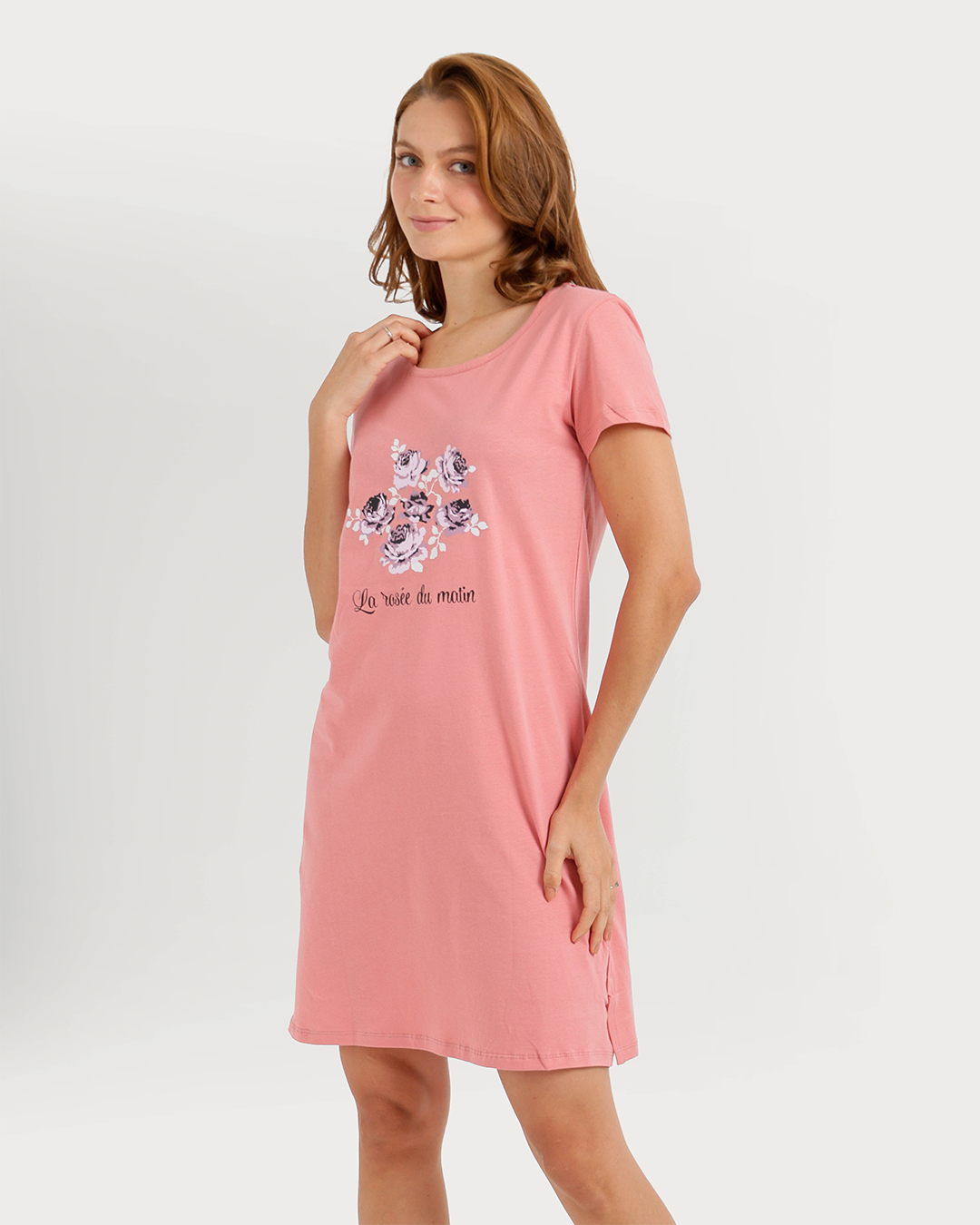 Women's Short Nightshirt with Flower Print on Chest
