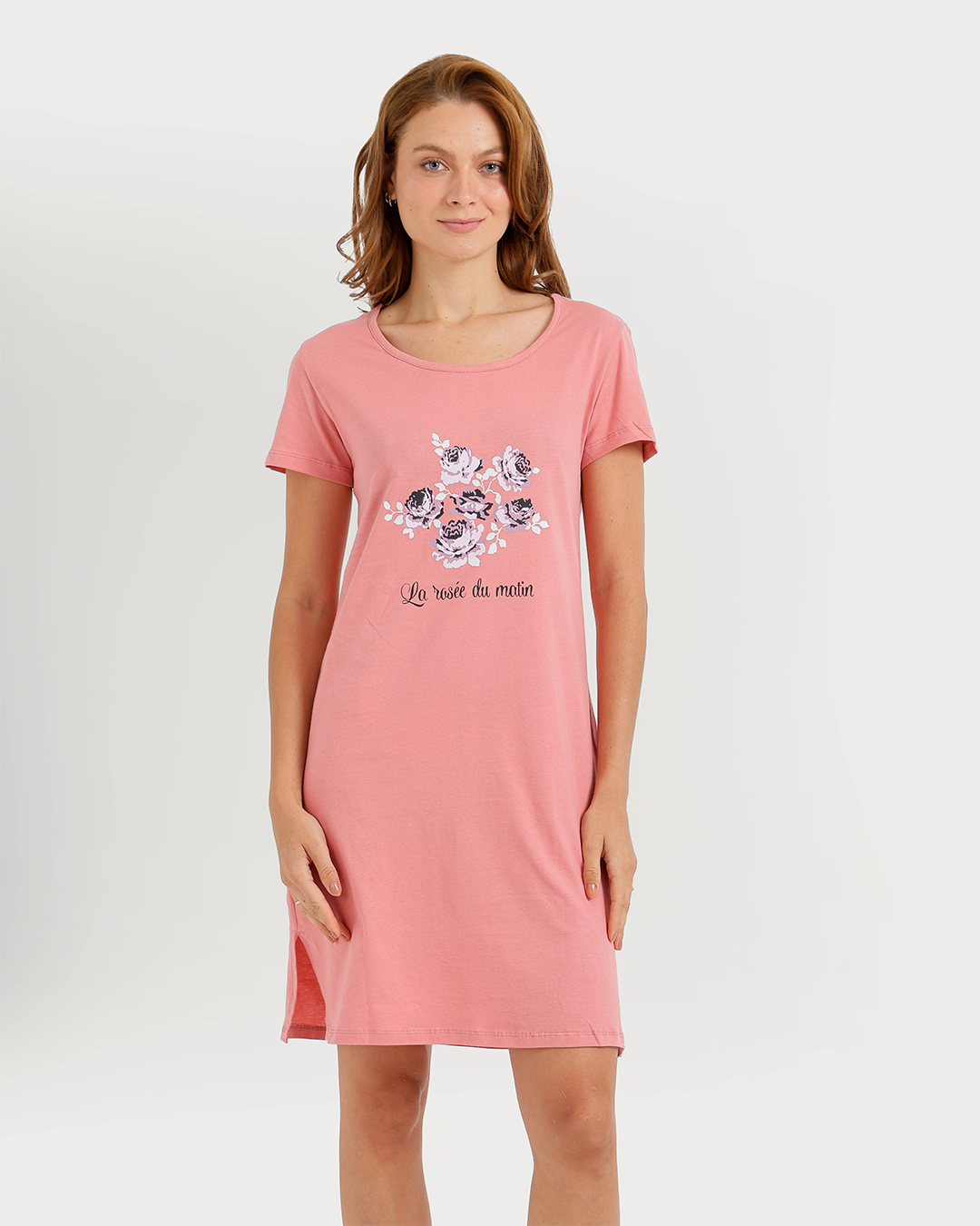 Women's Short Nightshirt with Flower Print on Chest