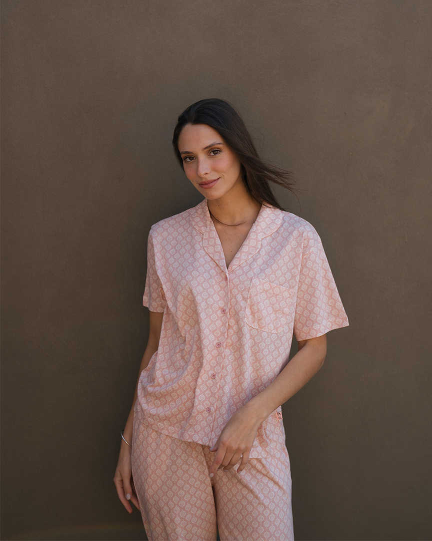 Blue andalusian Women's pajamas with half sleeves and buttons