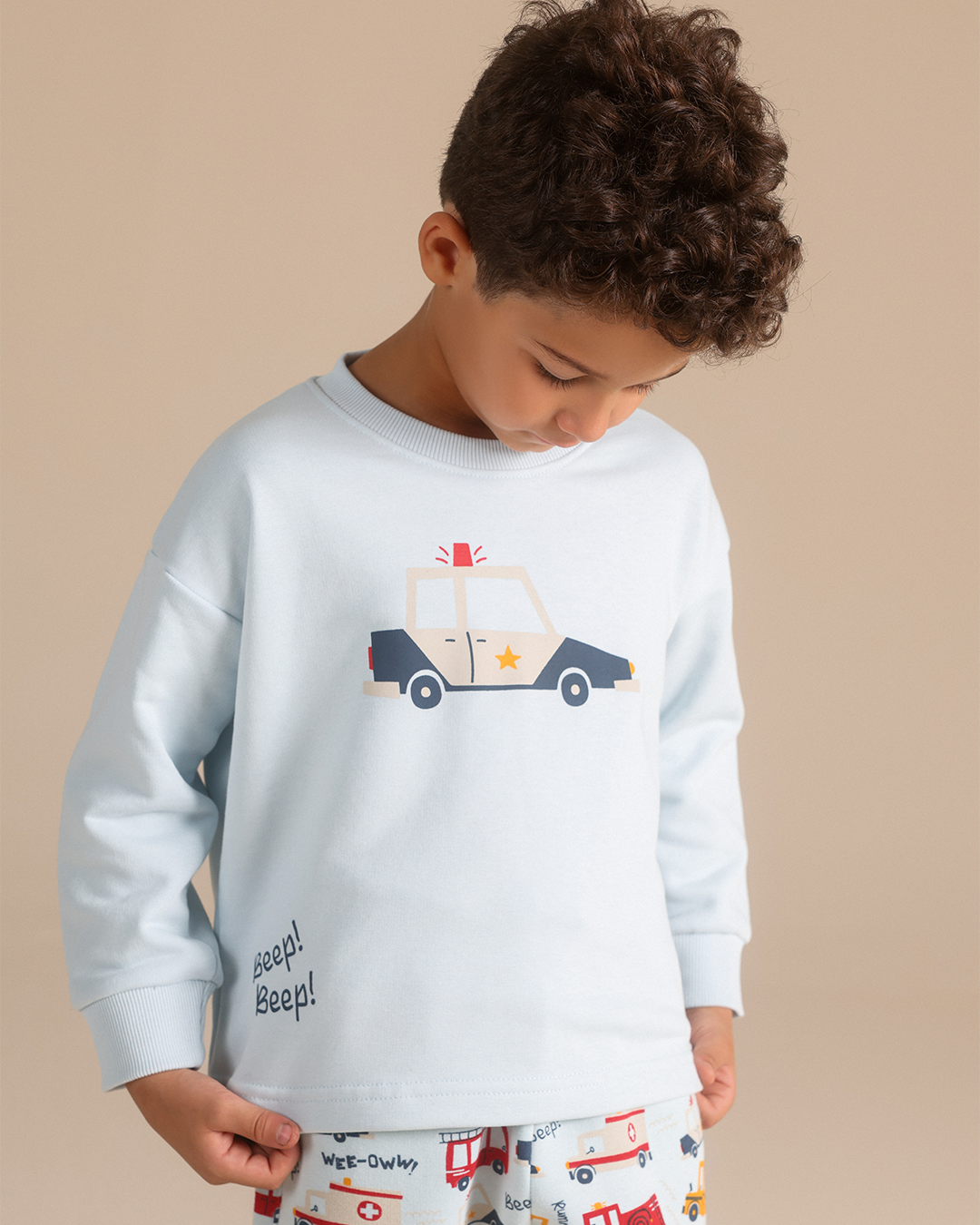 Crew-neck pajamas with car print