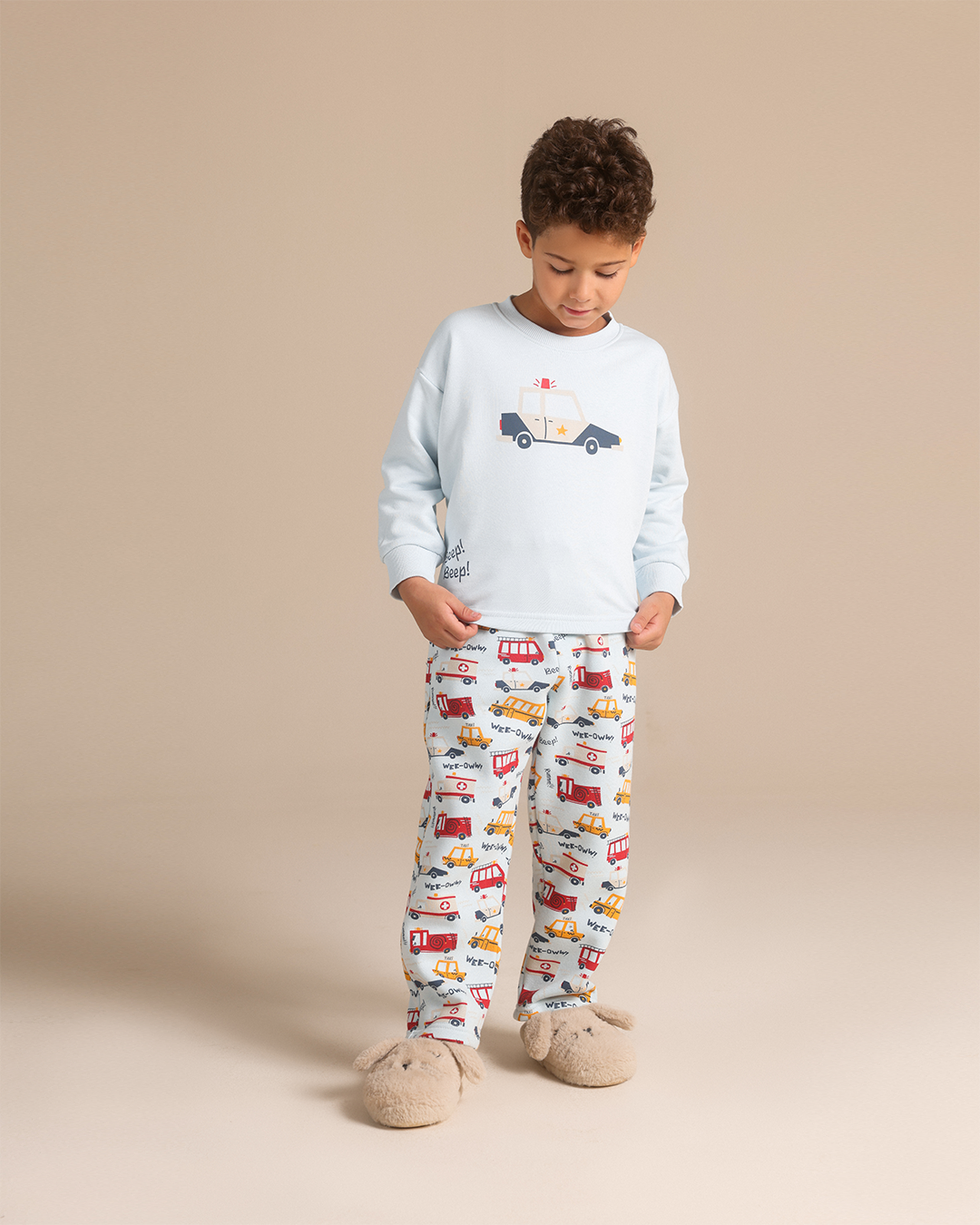 Crew-neck pajamas with car print