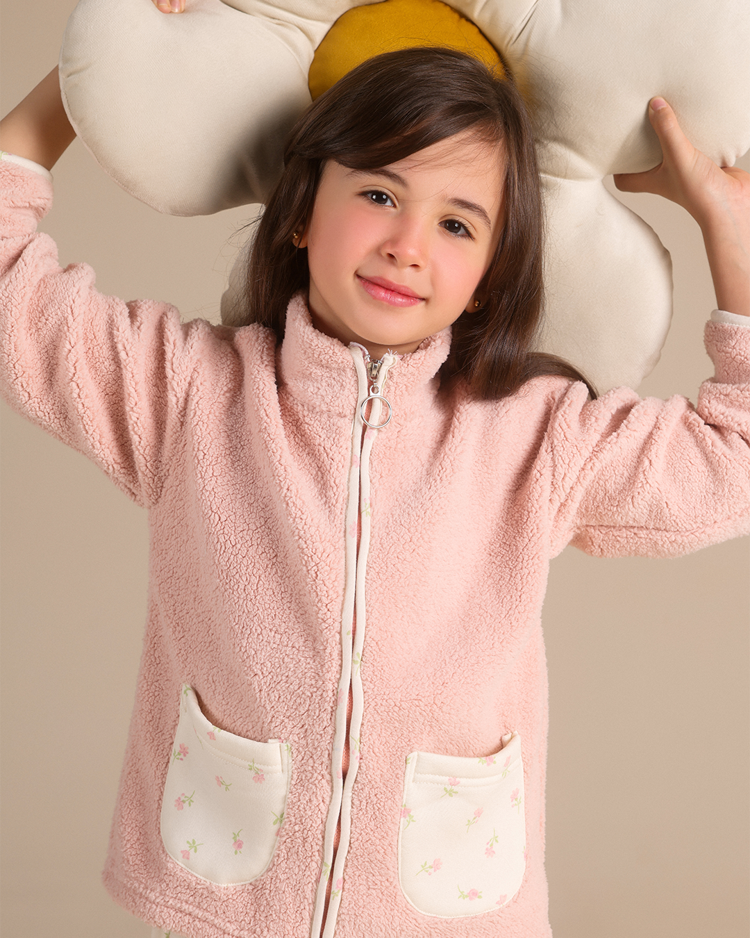 Fleece pajamas with floral print and zipper