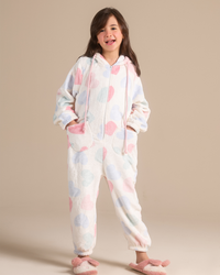 Fleece hooded romper with heart print