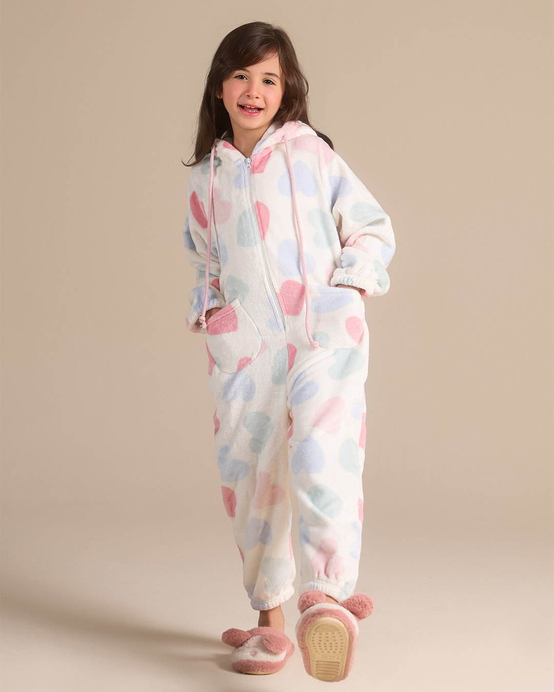 Fleece hooded romper with heart print