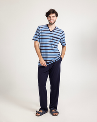 بيجاما رجالى سترايبر بزراير نصف كم و بنطلون ساده