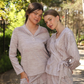 Women's pajamas with lace buttons on the chest and shoulder