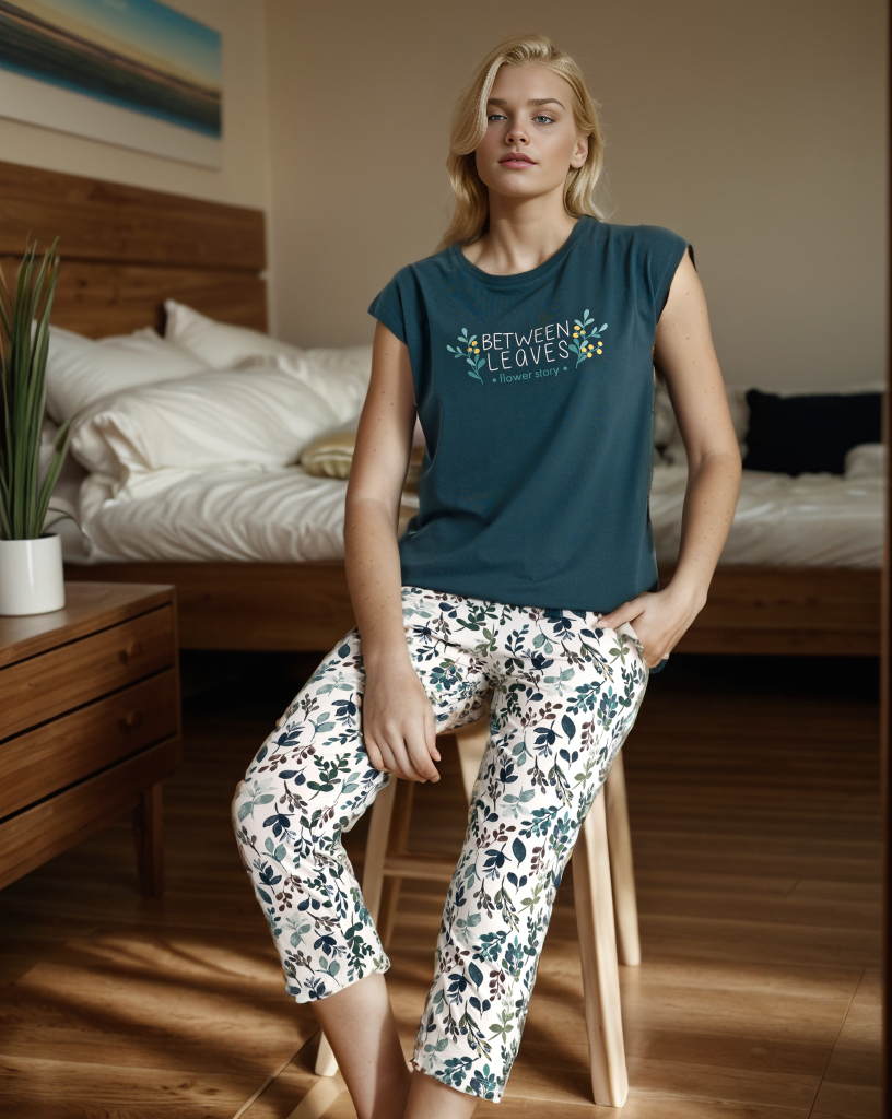 BETWEEN LEAVES Women's pajamas with a crop top and leaf print pentagram