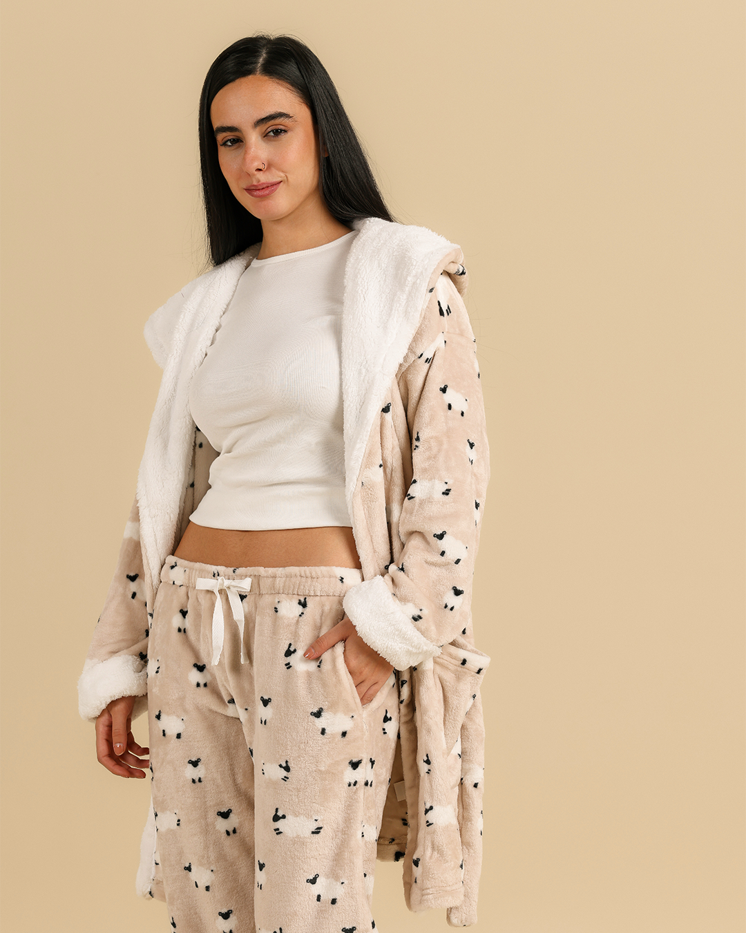 Funny Sheep Women Robe in Beige