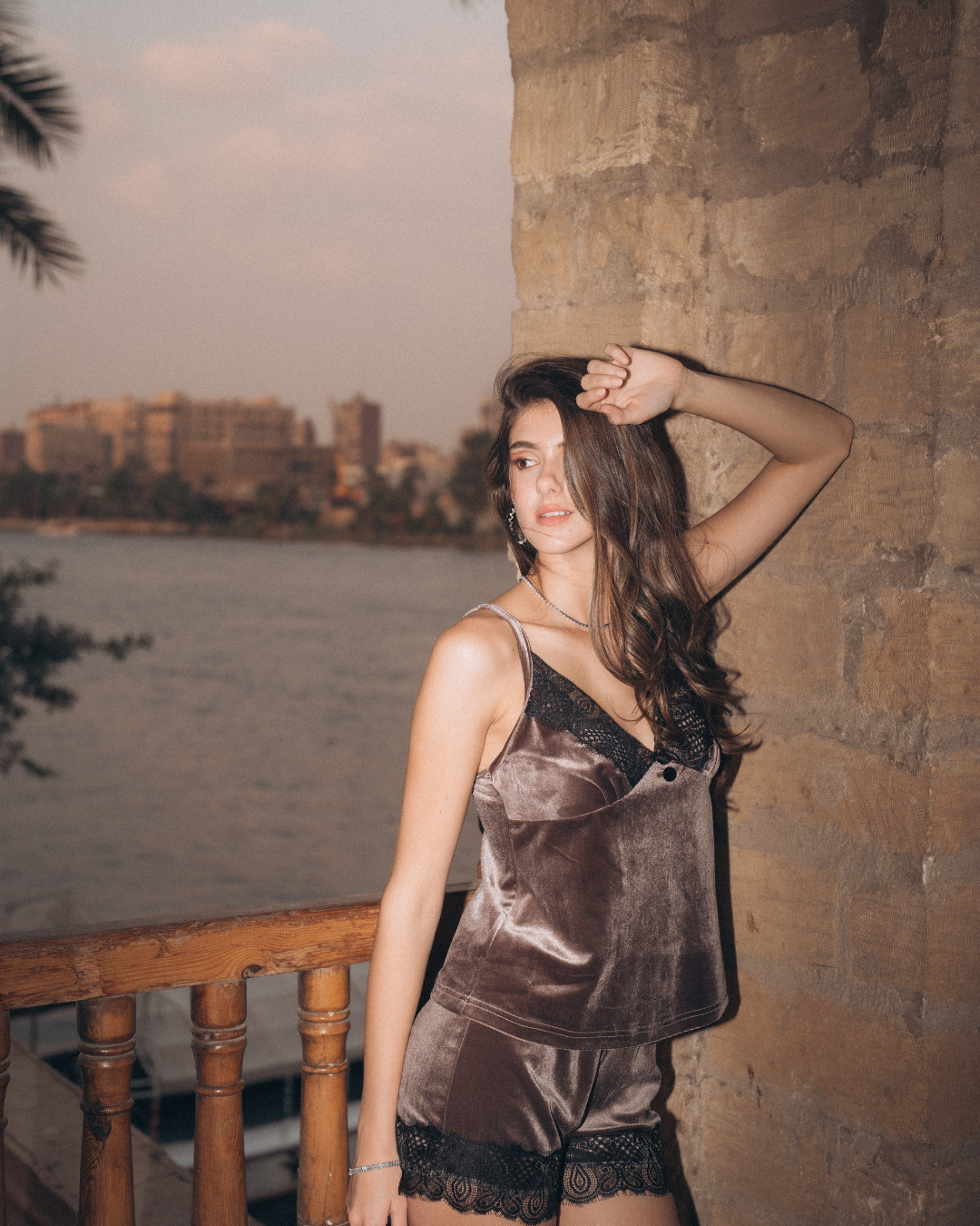 Women's pajama shorts polyester velor with lace