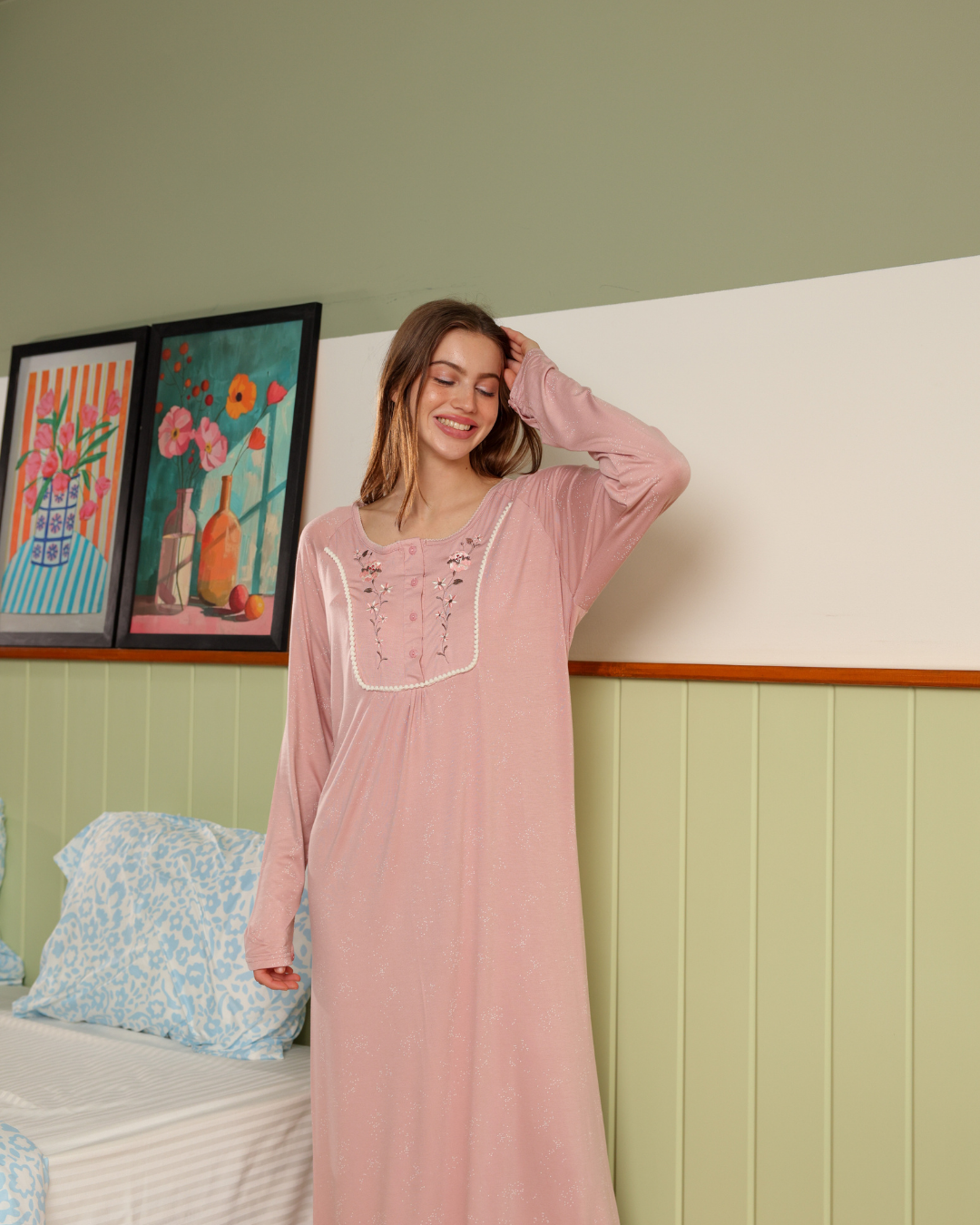 نايت شيرت طويلة  كم طويل طباعة منقط