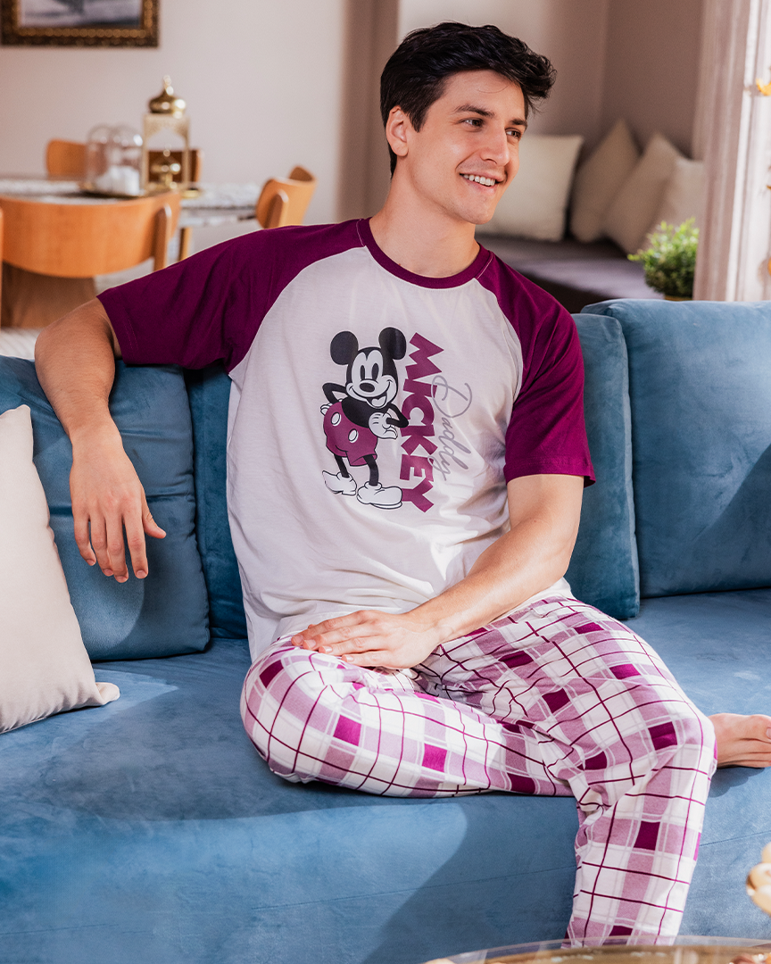 Family checkers Men's half-sleeved pajamas and cotton trousers