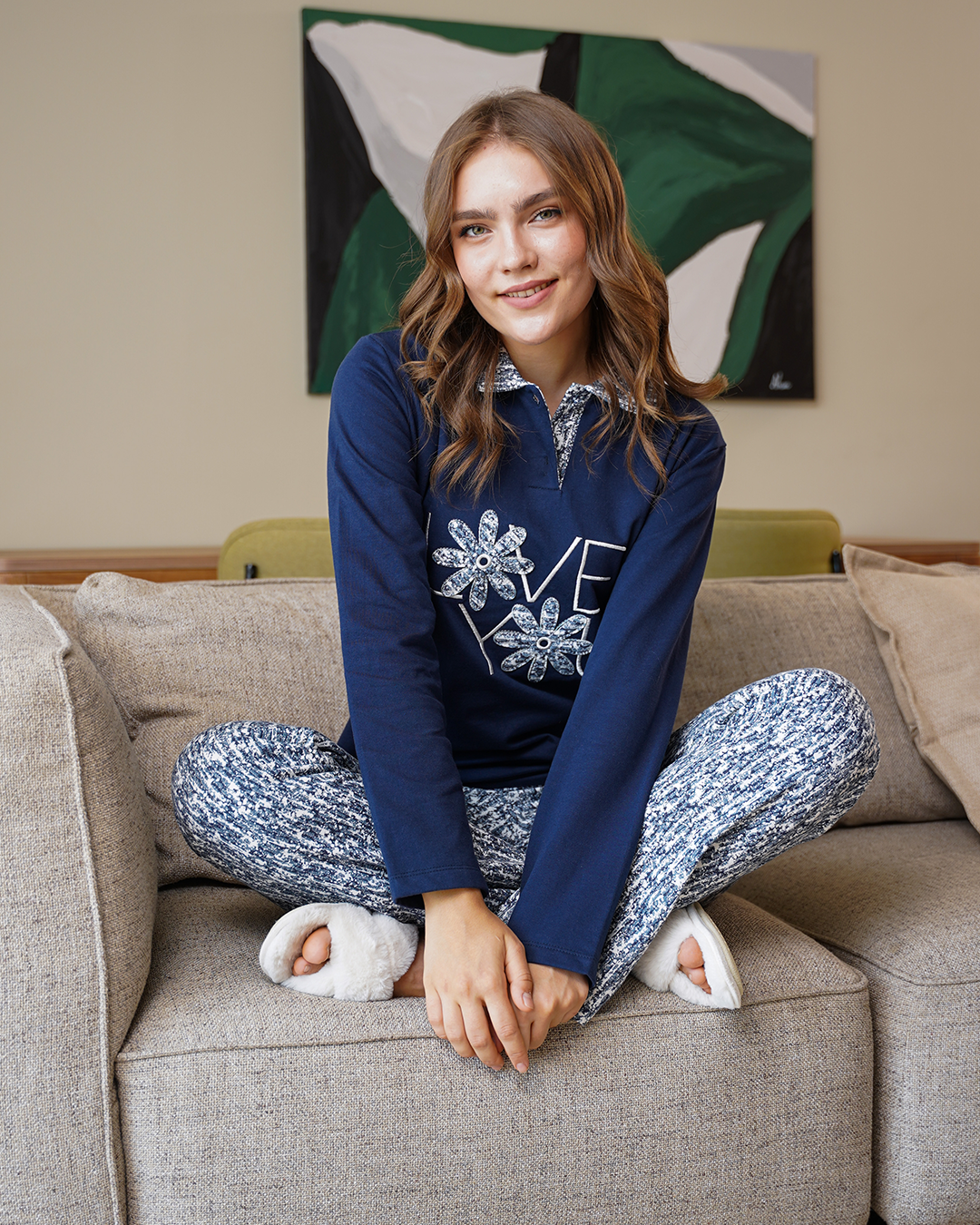 LOVE بيجامه حريمي مردبولو تطريز بنطلون الهشميره ميلتون