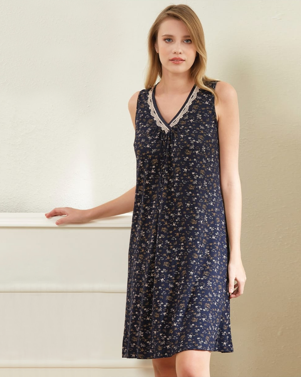 Women's night shirt with floral lace and buttons on the chest