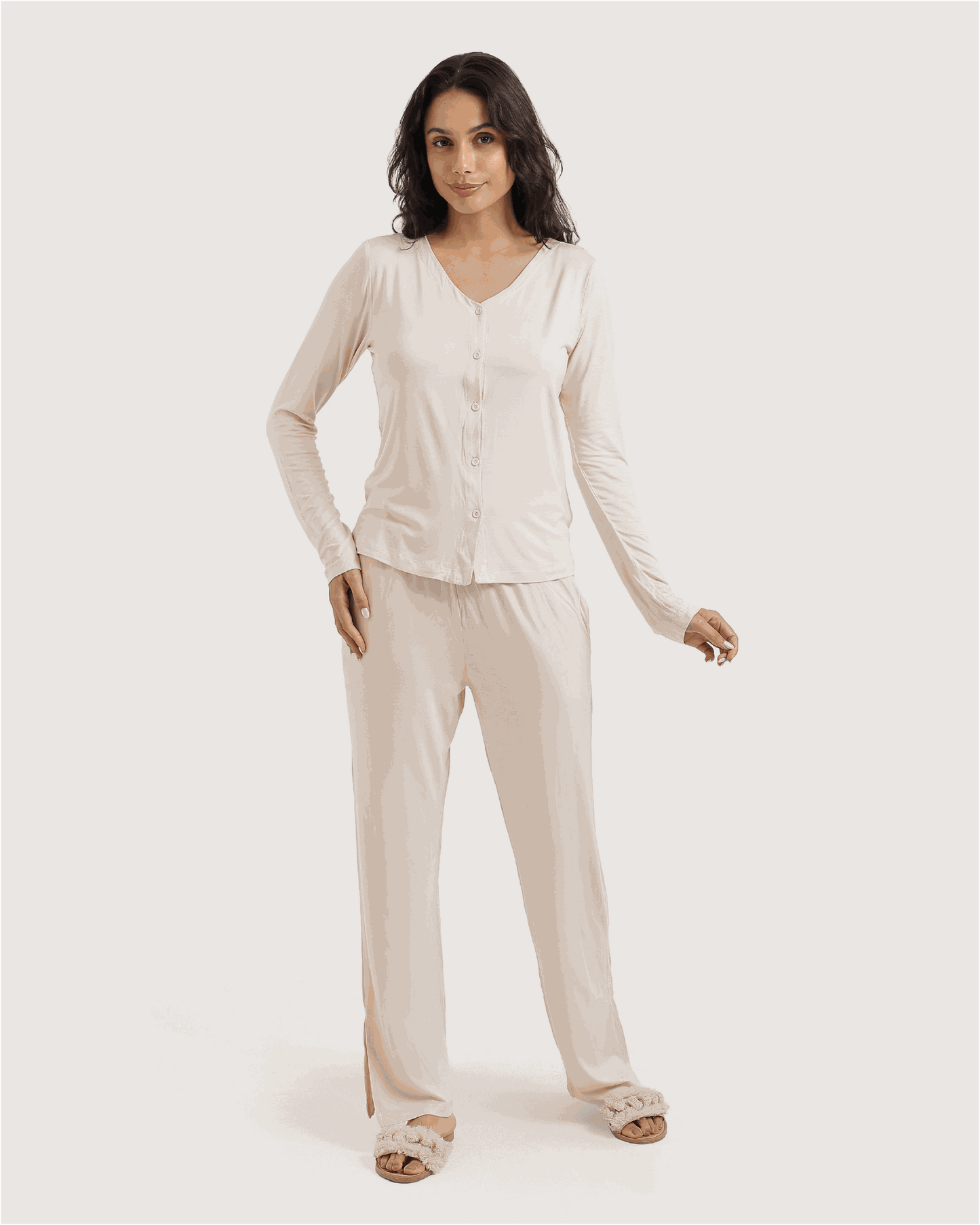 Buttoned pant pajamas in viscose lycra, summer breeze