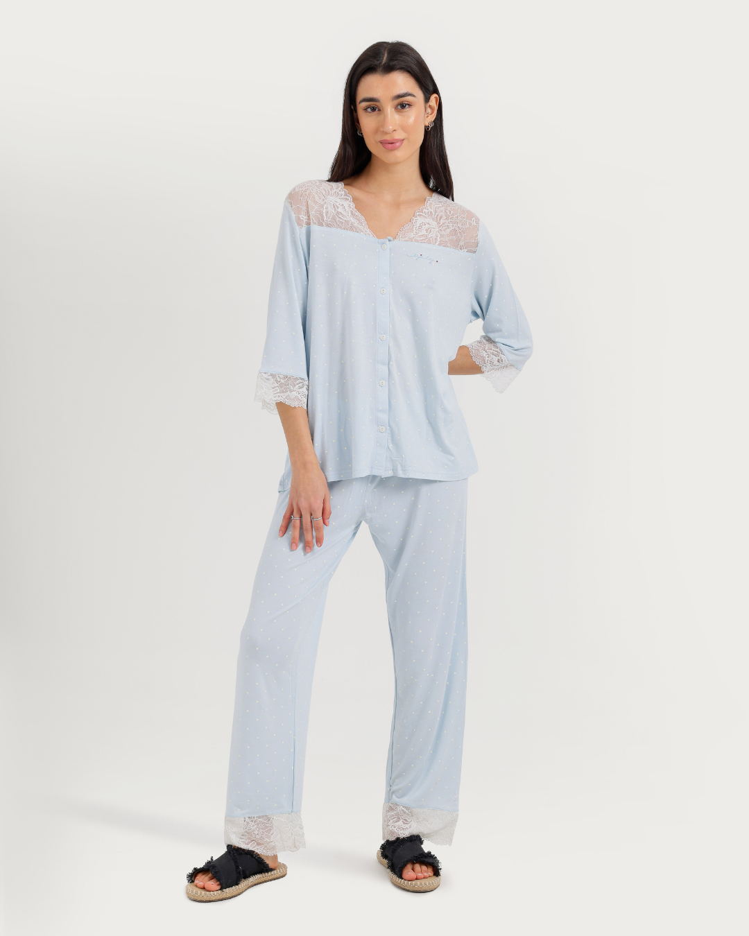 Women's Three-Quarter Sleeve Pajama with Buttons and Lace Pants