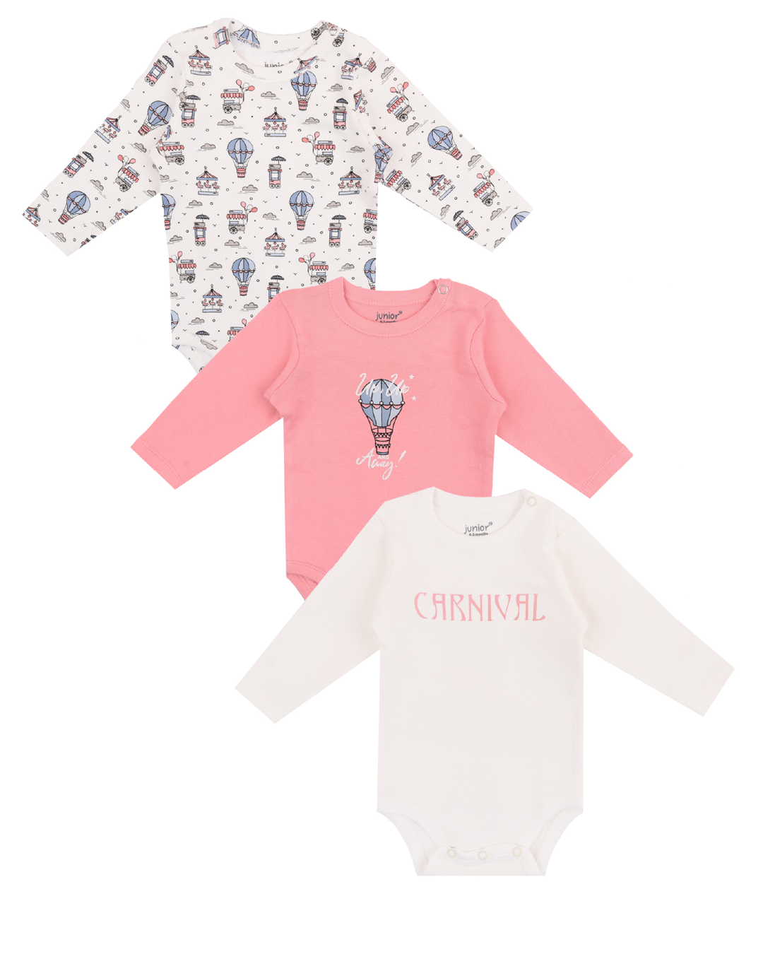 carnival baby bodysuit with sleeves, pack of 3 pieces