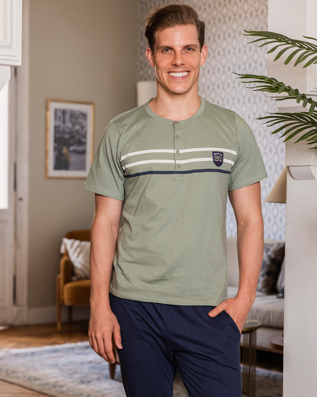 BURDA 26 Men's pajamas, long pants, half-sleeve T-shirt, embroidered stripes on the chest