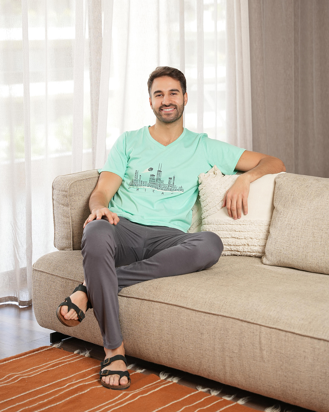 CHICAGO  بيجامه رجالي بنطلون طويل تيشرت نص كم رقيه سبعه طباعة