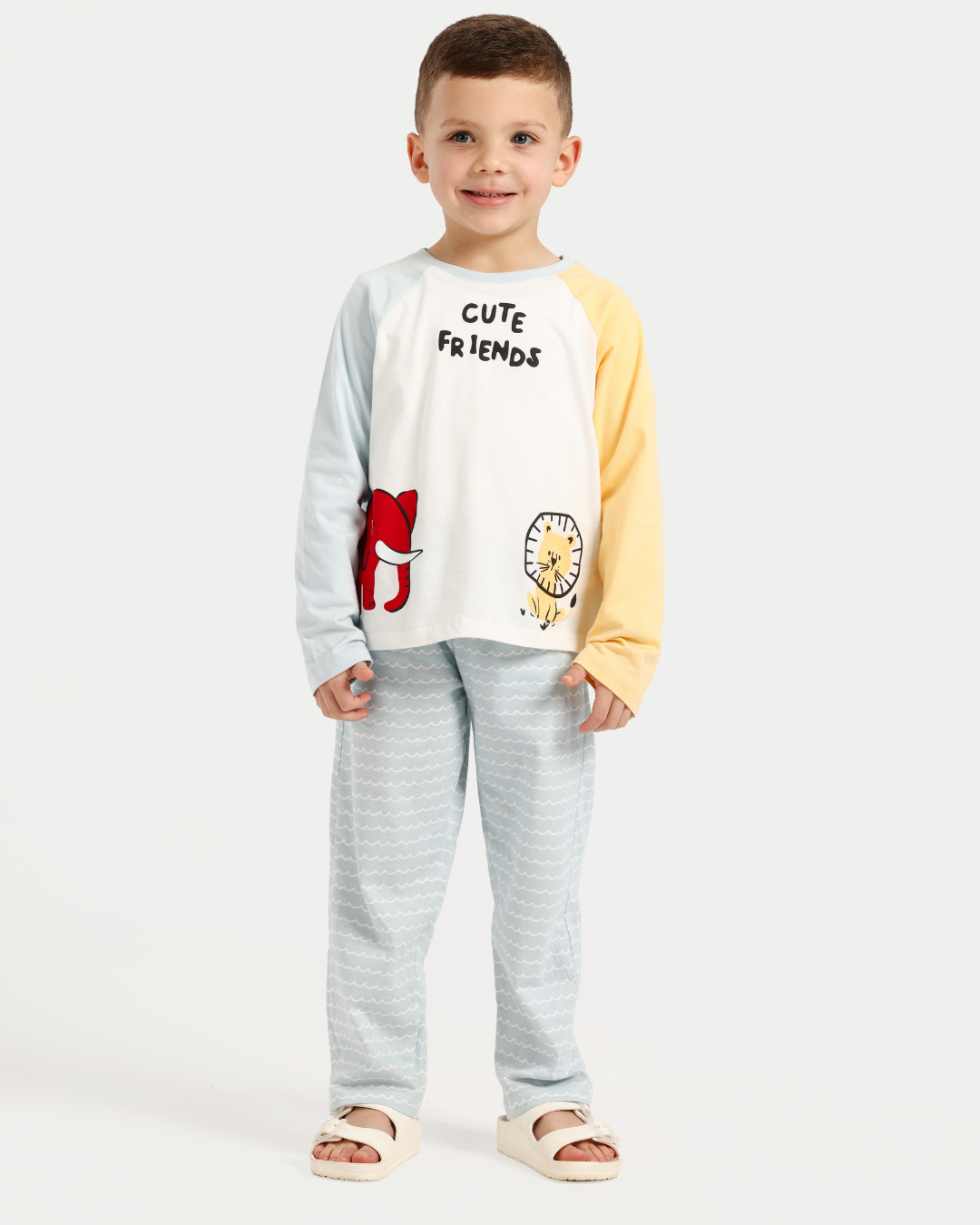 بيجاما أولادي أكمام ملونة و حيوانات سعيدة