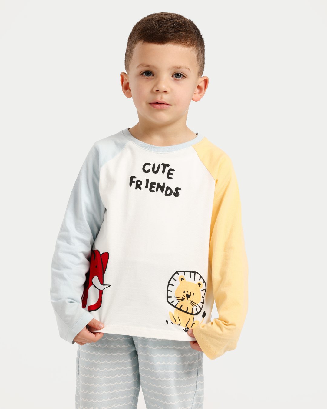 بيجاما أولادي أكمام ملونة و حيوانات سعيدة