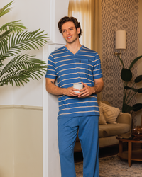 Men's pajamas, half sleeve T-shirt and striped printed trousers