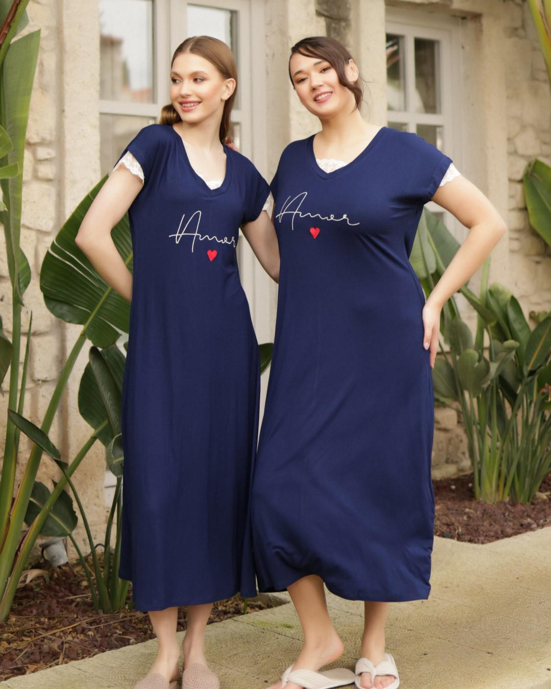 Long women's shirt, half sleeves, lace on the sleeve, seven-pointed heart neckline on the chest