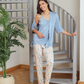 Women pajamas 3 pieces wide shoulder, long trousers, a short, a long sleeve print, branches of tree