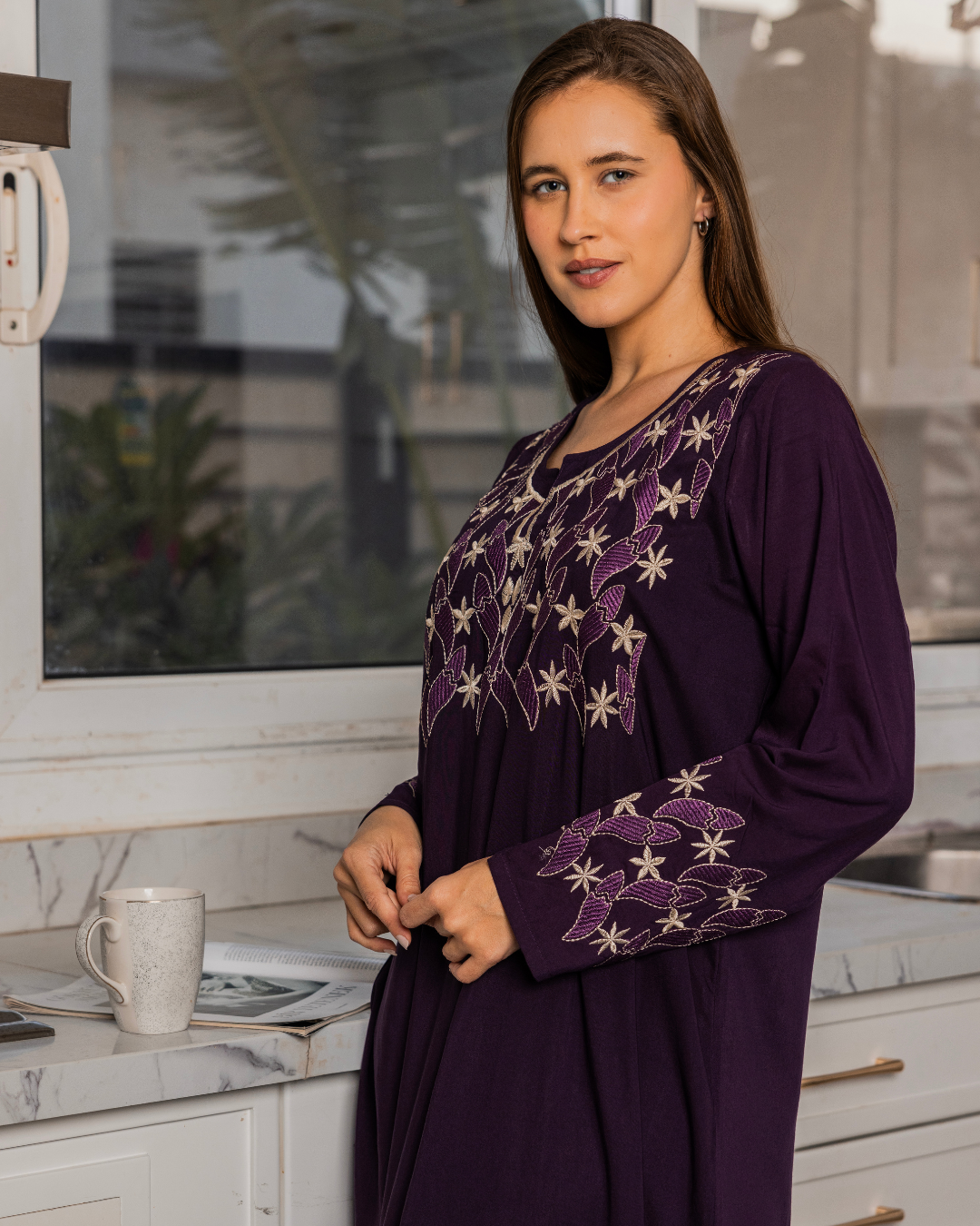 قميص داكرون سادة بكم مطرز طويل 7