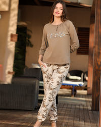 LOVE Women's pajamas, short sleeve buttoned T-shirt and floral print trousers