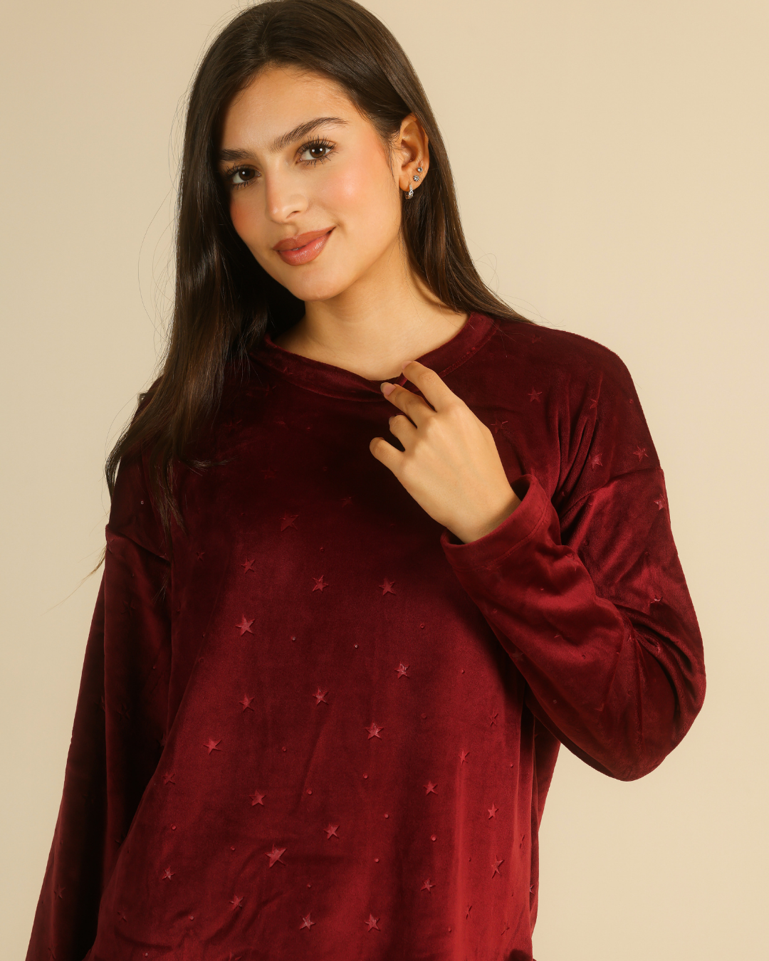 Women pajama set in burgundy stars