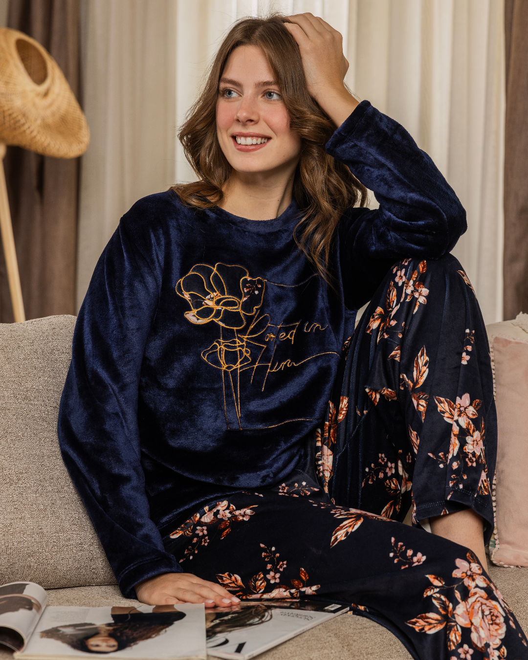 بيجامه حريمي تطريز برواز بنطلون وردة هايدي