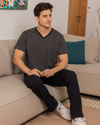Men's pajamas, half sleeve V, rotary trousers, plain rhombuses