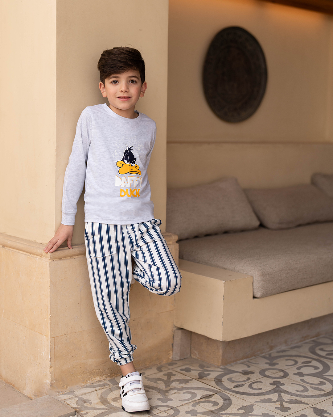 Daffy Duck بيجاما اطفالي اولادي كم طويل قطن*بنطلون سترايب سمر ميلتون